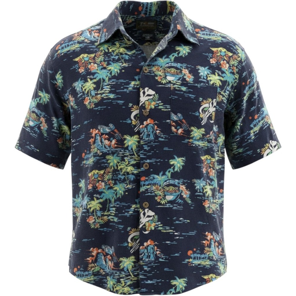 Star Wars Button Up Shirt Men Large Blue Mandalorian Grogu Tropical Summer Beach